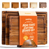 SMIRLY walnut cutting board set top view for organized prep with holder.