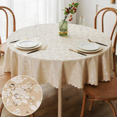 Smiry beige round table cloth 60in flat on table protects surfaces