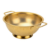 Snailhouse gold 3 Qt colander front view with ergonomic handles for easy pouring.