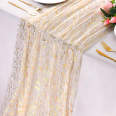 Snowkingdom gold table runner with sheer chiffon for chic wedding decor.