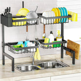 SNSLXH 2-tier dish drying rack extended beside a sink for extra capacity.