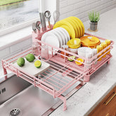 SNTD dish drying rack extendable over sink shows spacious capacity for plates and bowls