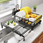SNTD extendable over-sink dish drying rack shown in black for organized counter space
