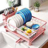 SNTD pink dish drying rack full view on counter, compact and stylish for small kitchens.