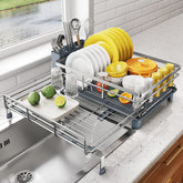 SNTD over-sink extendable dish drying rack keeps countertops clear and organized.