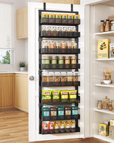 SNTD over-the-door pantry organizer with eight adjustable tiers for organized spices.