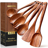 Snuvid wooden spoons 6-piece set closeup showing durable teak for scratch-free cooking