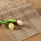 Socomi boho table runner with burlap edges enhances rustic dining ambiance.