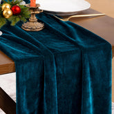 Socomi Peacock Velvet table runner, front view, adds refined elegance to dining tables