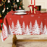 Softalker Christmas tablecloth with red trees and snowflakes for festive holiday dining.