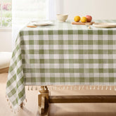 Softalker sage checkered tablecloth, 55x55 inches, tassel fringe adds rustic charm.