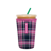 Sok It JavaSok berry plaid sleeve on a cup keeps drinks cold while on the go.
