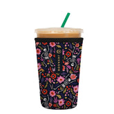 Sok It JavaSok floral skeleton sleeve on iced coffee cup keeps drink cold and hands dry