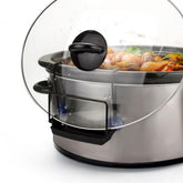 SOPHICO slow cooker lid holder in stainless steel keeps lids clean and hands free during cooking