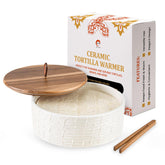 SoulMex ceramic tortilla warmer with wooden lid keeps tortillas soft and warm for family meals.