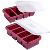 Souper Cubes 1 cup freezer tray with lids in cranberry color for portioned meals.