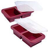 Souper Cubes cranberry 2-cup molds with lids shown on a tray for easy portioning.