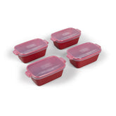 Souper Cubes stoneware small dish front view, cranberry color, ideal for reheating single portions.