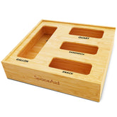 SpaceAid bamboo bag organizer in a kitchen drawer for tidy storage and easy access.