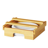 SpaceAid bamboo paper plate dispenser under cabinet showing neat organization
