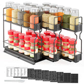 SpaceAid pull-out spice rack front view with labeled jars for quick access.