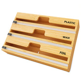 SpaceAid WrapNeat bamboo dispenser keeps plastic wrap neatly organized and easy to grab.