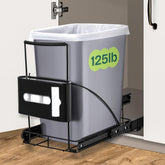 Spaces Tools pull-out under-sink trash can with smooth slide improves kitchen tidiness.
