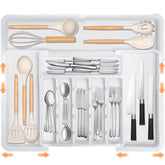 Spaclear expandable organizer fully expanded for knives, forks, and spoons.