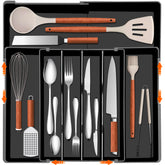 Spaclear expandable silverware organizer with wide compartments for easy fork, spoon, and knife access.
