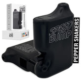 Speed Bump portable pepper shaker in black front view for on-the-go seasoning.