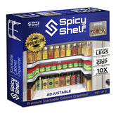 Spicy Shelf 3.0 expandable two-tier spice rack showing organized spice bottles.