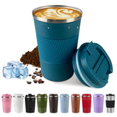 SPLMIFA vacuum-insulated mug in blue front view keeps drinks hot or cold on the go.
