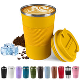 SPLMIFA yellow vacuum insulated travel mug keeps drinks hot or cold on the go.