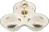 Spode Christmas Tree 3 Section Server with tree handle on table, ideal for festive nut and candy presentation.