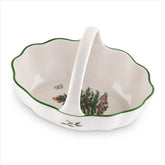 Spode Christmas Tree 6" Basket with Handle on table, ideal for holiday serving.