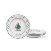 Spode Christmas Tree tidbit plates with border detail, ideal for festive hors d'oeuvres.