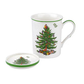Spode Christmas Tree mug and coaster set in front view adds festive charm to your morning coffee.