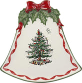 Spode Christmas Tree Ribbons bell-shaped plate with red ribbons and gold accents for desserts.