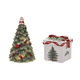 Spode Christmas Tree salt shaker on a gold-edged tree adds festive table charm.