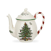 Spode Christmas Tree teapot with peppermint handle, perfect for festive gatherings.