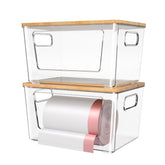 Spospo trash bag holder with bamboo lid keeps bags organized and ready to use.