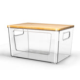Spospo trash bag holder, bamboo lid, front view, shows large capacity for organized storage