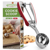 Spring Chef red large cookie scoop pours dough evenly for uniform cookies.