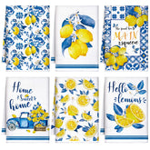 Sratte lemon kitchen towels in Capri tiles pattern add cheerful color to kitchen tasks