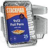 Stack Man 9x13 aluminum pan with lid ready for banquet-style servings.