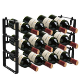 STAEVER black 12-bottle rack front view showing neat bottle arrangement.