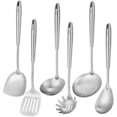 Standcn six-piece stainless steel utensils set with spatula and ladle for versatile cooking.