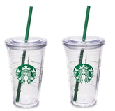 Starbucks grande insulated travel tumbler 2-pack setup with lids and green straws for on-the-go refills.
