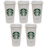 Starbucks five-pack 16oz reusable hot cup with lid for on-the-go coffee.