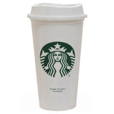 Starbucks white reusable travel mug in full view, highlighting its clean design and premium finish.